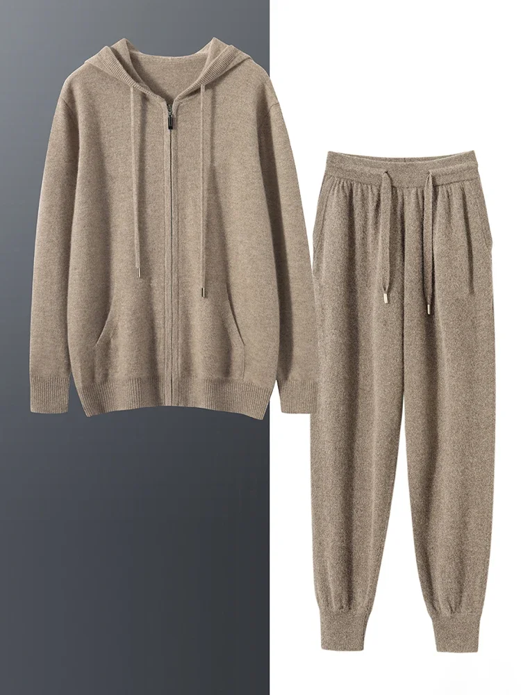 Men's 100% Pure Cashmere Hoodie Two-Piece Set High-End Fashion Business Leisure Sports Suit for Autumn And Winter