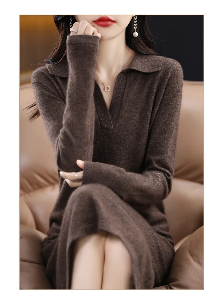 100% Cashmere Women's Dress Knitted Wool Lapel Sweater Base Skirt Soft Light Warm Comfortable Women's Clothing