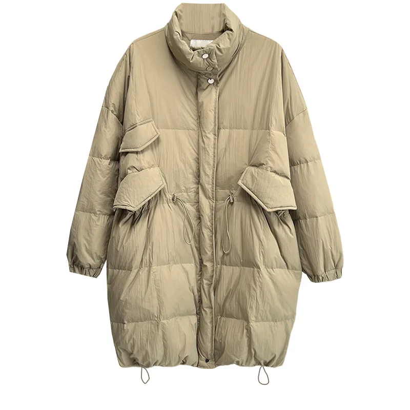 Plus Size Women Down Coat Winter Fashion Loose Stand Collar Drawstring Waist 90% White Down Long Jacket 2778
