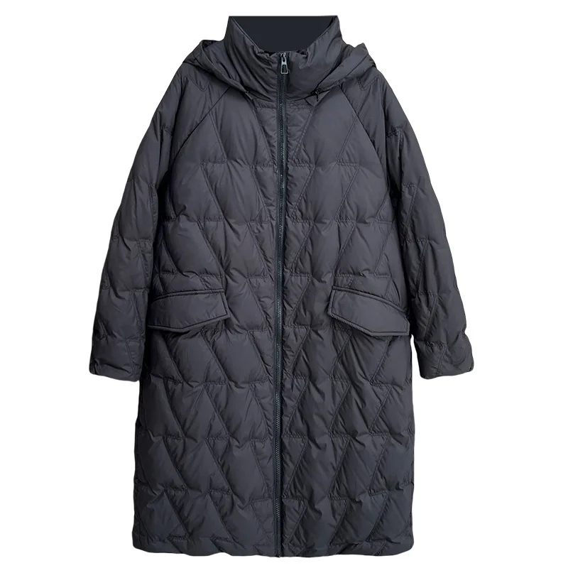 Plus Size Women Down Coat Winter Loose Thickening Z Pattern Hooded 50% White Duck Down Long Jacket 2786