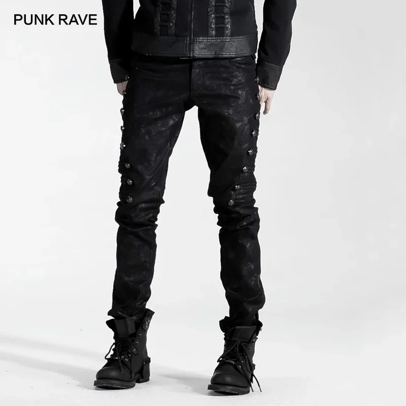 PUNK RAVE Men's Uniform Style Steampunk Street Handsome Straight Elastic Pants Fashion Black Rivet Men Pencil Trousers