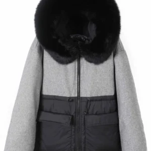 Plus Size Tops Real Fox Fur Collar Down Jacket Coffee Wool Fabric Women's Winter Coat Zipper Fashion