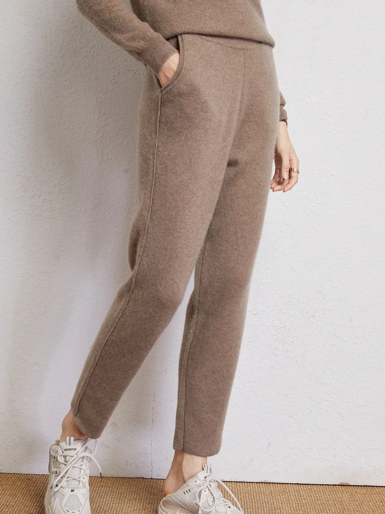 High Qualtiy New Autumn Winter Women 100% Cashmere Trousers Knitted Thick Warm Pencil Pants Elastic Soft Woman Cashmere Pants