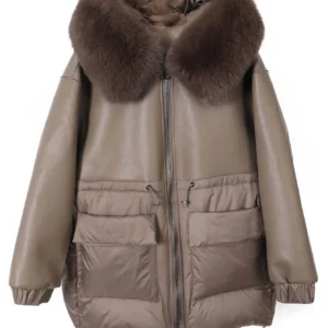 plus Size Women's Winter down Jacket with Real Fox Fur Collar Black Soft Faux Leather Patched Cool Oversized Zipper Design