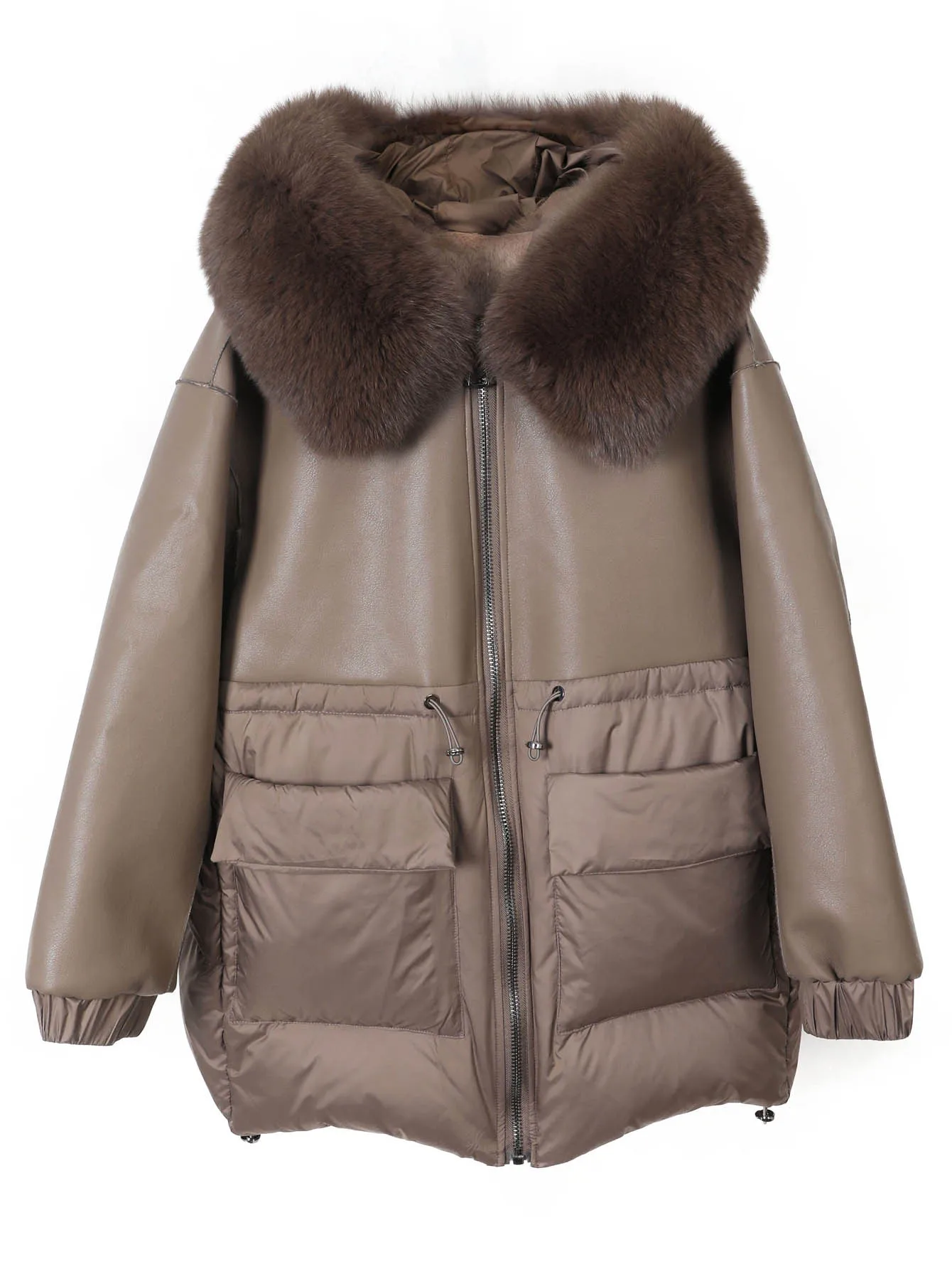plus Size Women's Winter down Jacket with Real Fox Fur Collar Black Soft Faux Leather Patched Cool Oversized Zipper Design