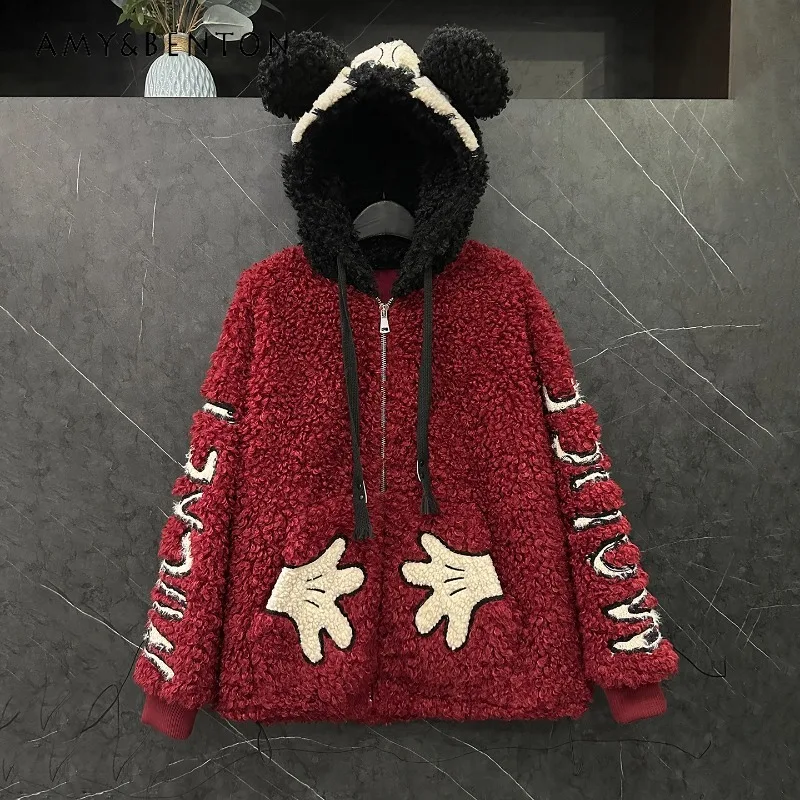 Women's Loose Casual Y2k Top Autumn Winter Heavy Craft Zipper Hoodies Coat Cartoon Furry Fleece-Lined Hooded Sweatshirt Jacket