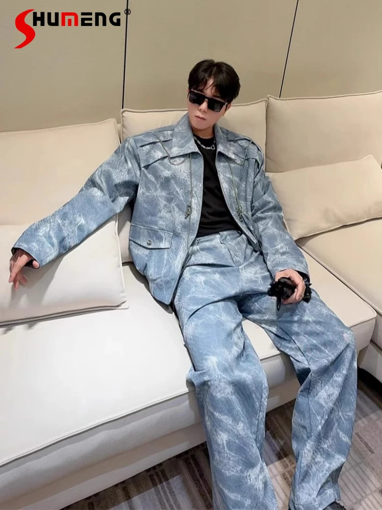 Fashion 2pcs Chain Faux Leather Jacket Sets Men 2025 Autumn Winter New Two-piece Set Loose Comfort Motorcycle Jackets Pants Sets